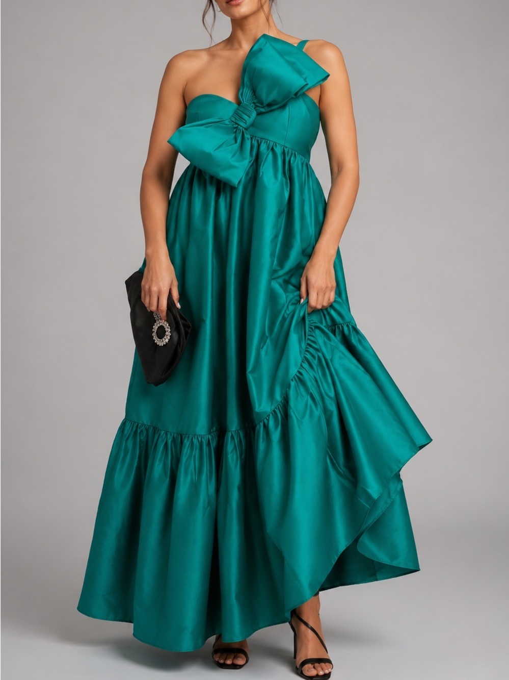 Anthropologie Atsu Sally Dramatic Green Bow Maxi Dress Gown Medium Wedding Guest